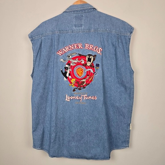 Vintage 90s Warner Bros Looney Tunes Men Embroidered Denim Vest Shirt XL Novelty - Picture 13 of 15